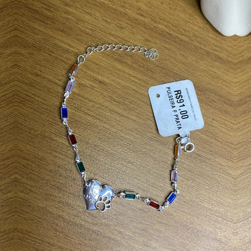 Pulseira coração com patinha e cristais coloridos